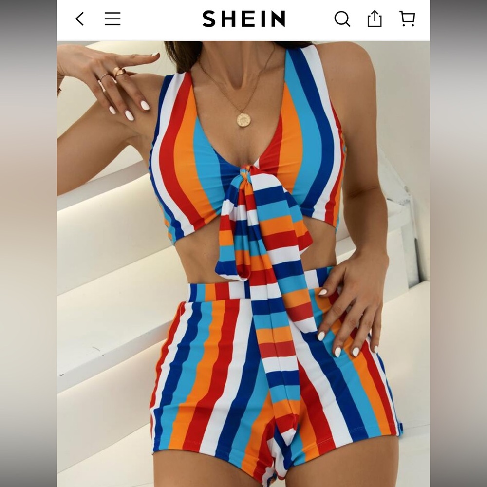 SHEIN Colorful Striped Tie-Front Crop Top and Shorts Set